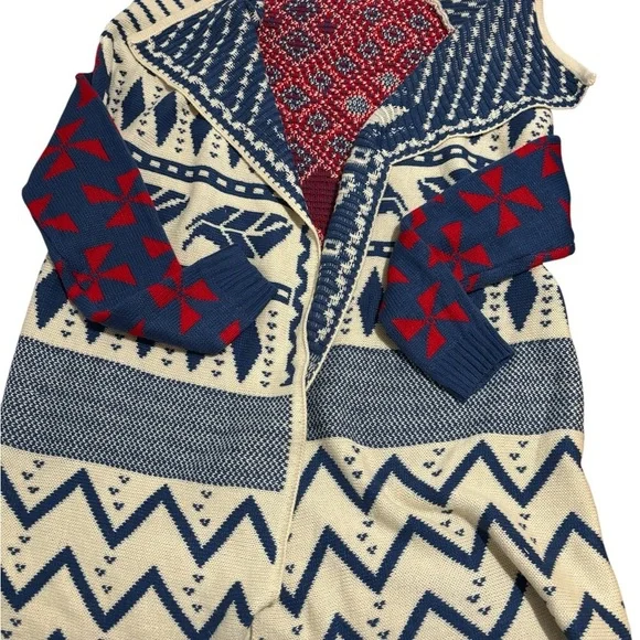 Pinklicious Women’s Open Front Cardigan Sweater Aztec Tribal S/M Boho Red Blue - Picture 8 of 10